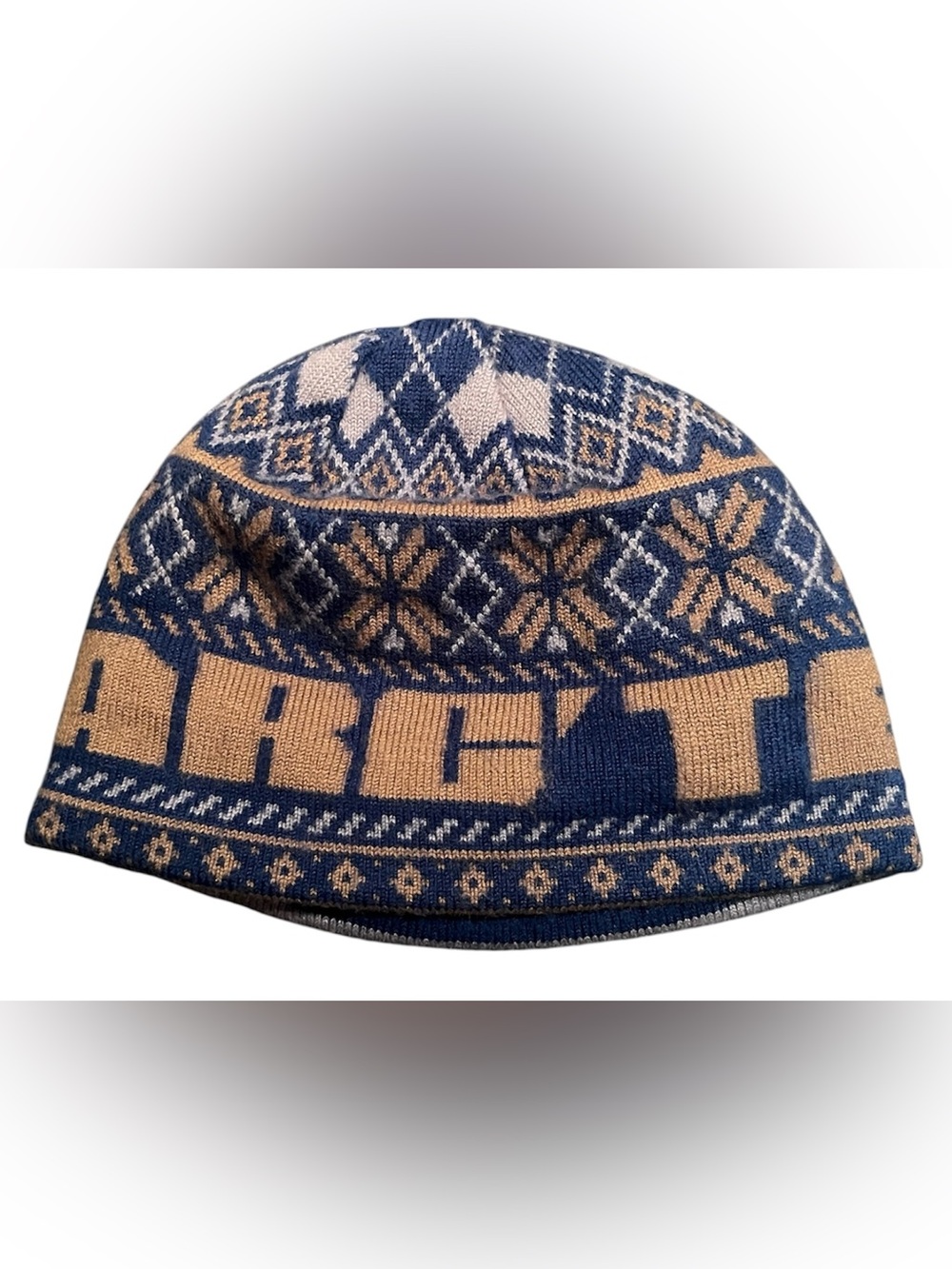 Arc'teryx Beanie Hat One Size Knit Spellout Toque Acrylic Wool Blue Gold Nordic
